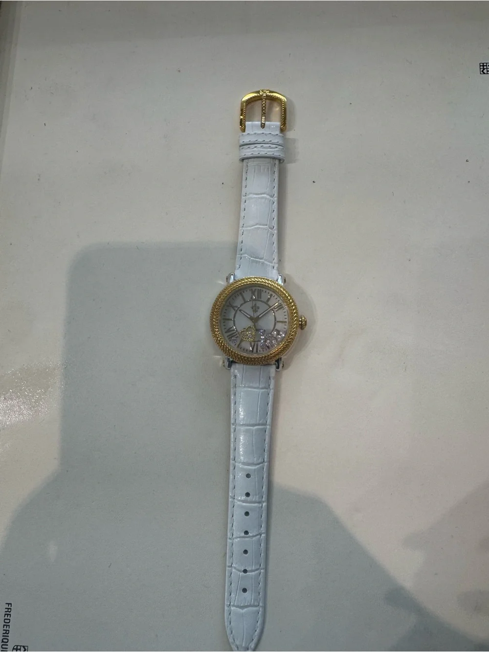 New Judith Ripka Odyssey White Embossed Leather Floating Heart Crystal Watch